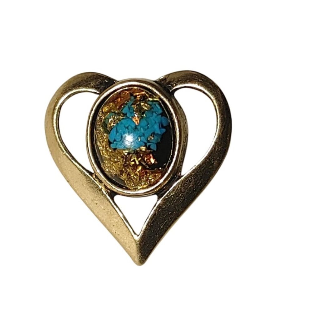 Vintage Lapel Pin Tie Tack Gold Flake Teal Tone Heart Pin Blue Goldstone Center